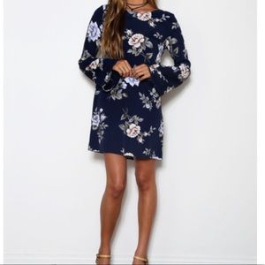 Navy floral long sleeve dress with open back